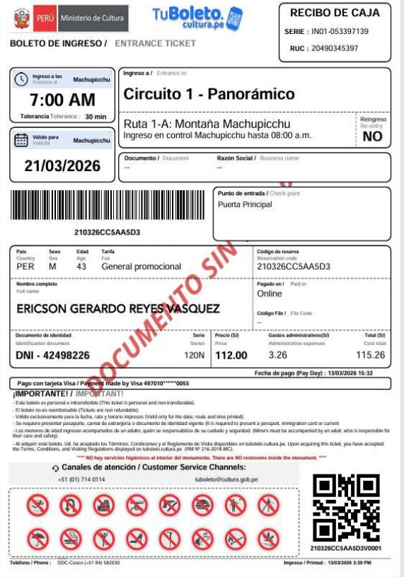 Machu Picchu entry ticket sample