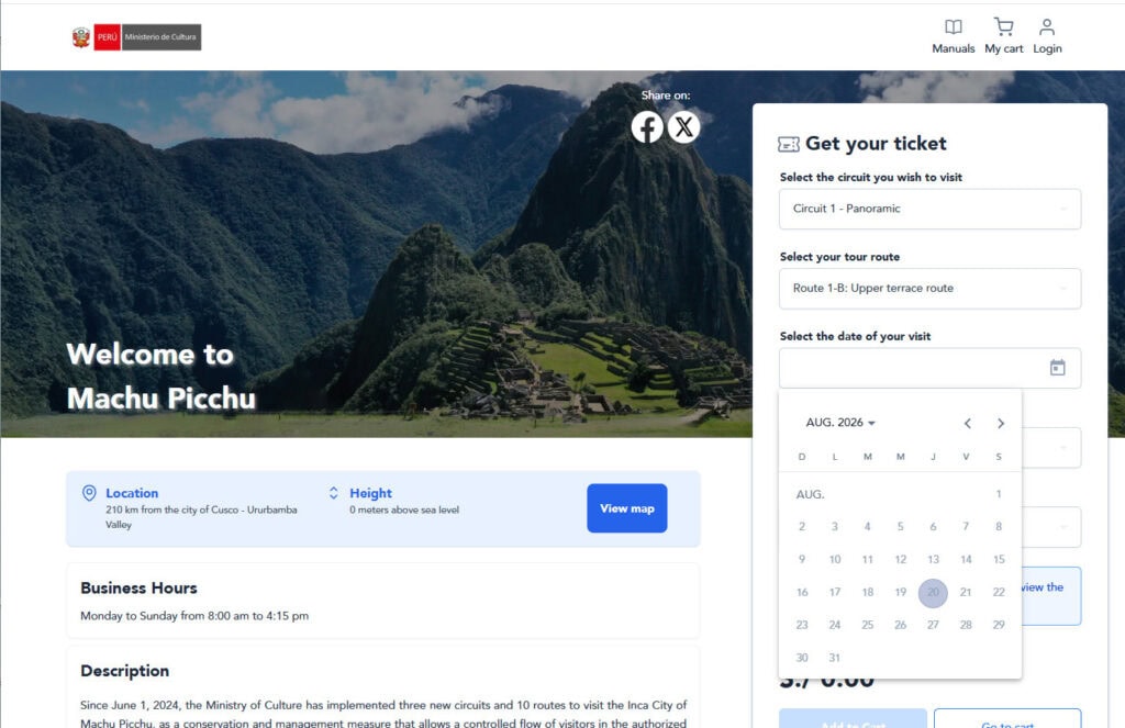 calendar of dates to choose from for your machu picchu ticket
