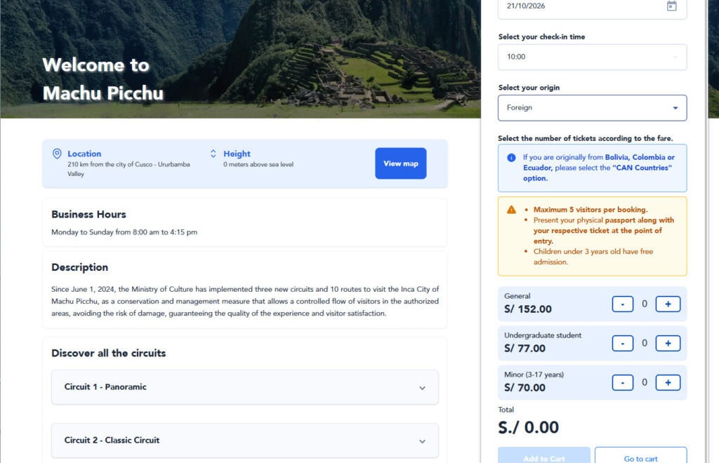 selecting the number of tickets from the machu picchu website