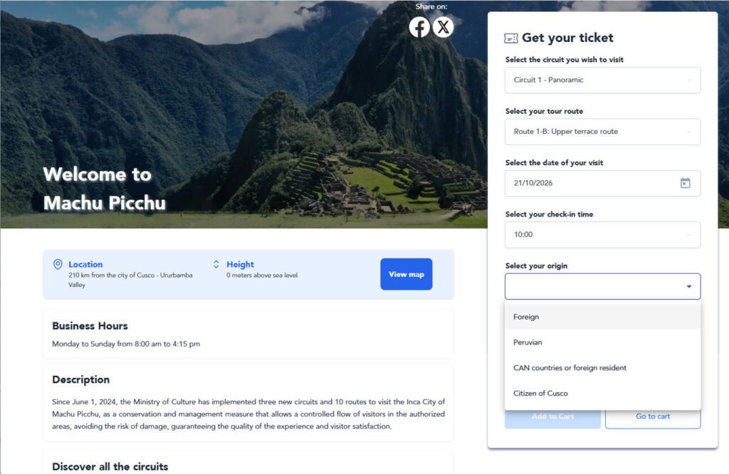 Selecting your country of origin for pricing for machu picchu tickets