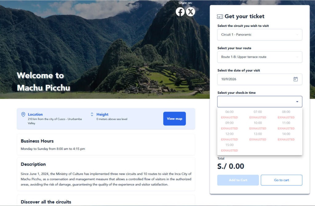 Machu Picchu ticket website where you choose the time slot for your ticket