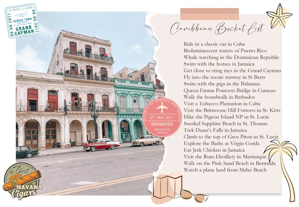 Photo of old buildings and classic 1950's cars in Havana Cuba with passport stamps and a drawing of a map and palm tree and a bucket list of things to do in the Caribbean