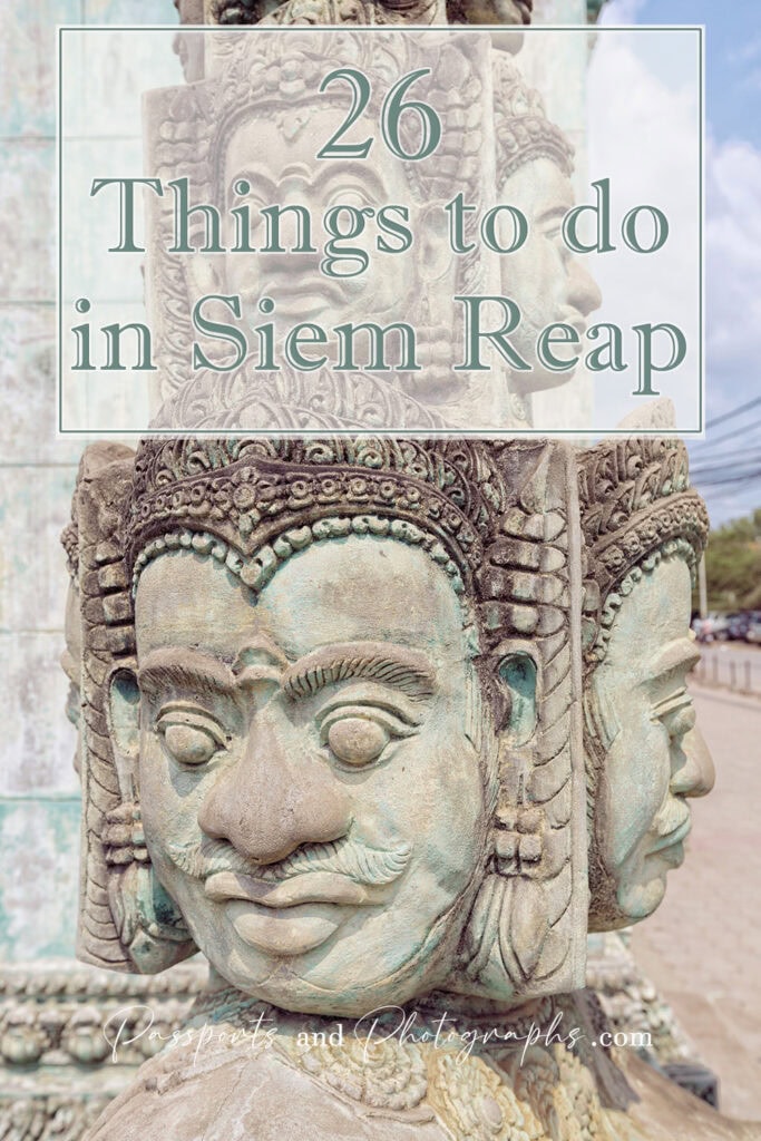 26 Things to do in Siem Reap - A green and sand colored statue of 3 ancient Khmer heads