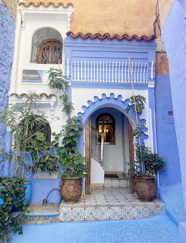 The front of a hotel entrance in Chefchaouen
