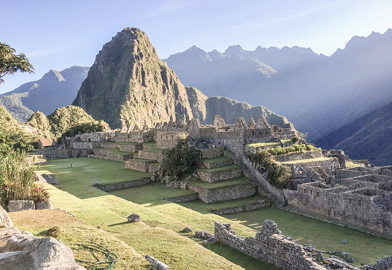 View of the Machu Picchu citadel and Huayna Picchu Mountain