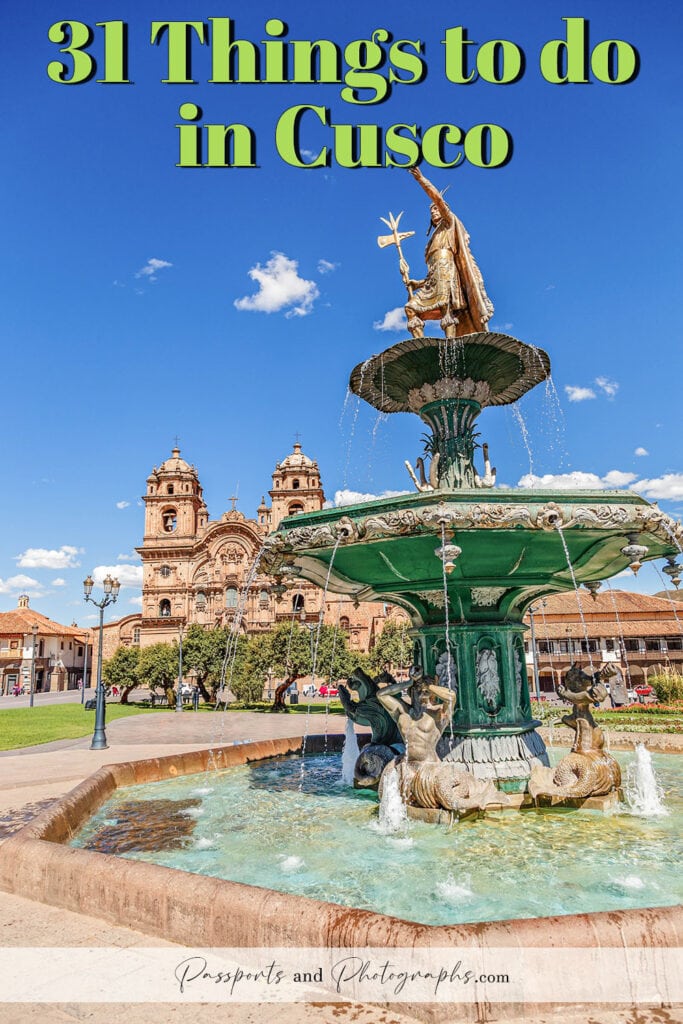 Plaza de Armas in Cusco Peru - Things to do in Cusco - a green fountain with the Pachipapa statue on top