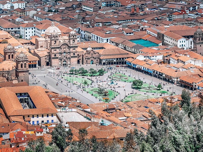 An ariel view of Plaza de Armas in Cusco Peru