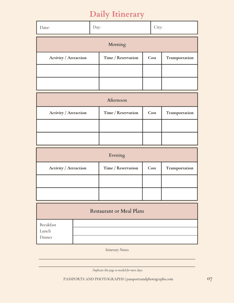 Daily Itinerary Planner for vacations